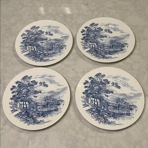 Wedgwood Countryside Blue Transferware set of 4 dessert plates 1960 collectible